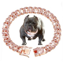 Cuban Link Dog Collar Rose Gold Crystal Studded Luxury Metal Chain Collar with Secure Buckle, Adjustable Jewelry Pet Necklace for Small, Medium, Large Dogs Cats (Rose Gold, 10 Inch)