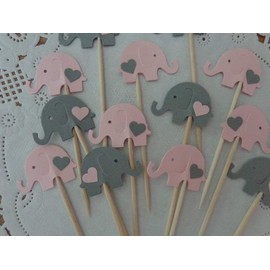 Light Pink and Grey Elephant Cupcake Toppers - Elephant and Hearts Food Picks - Pink and Gray Elephants - Baby Girl Shower Appetizer Picks (Set of 24)