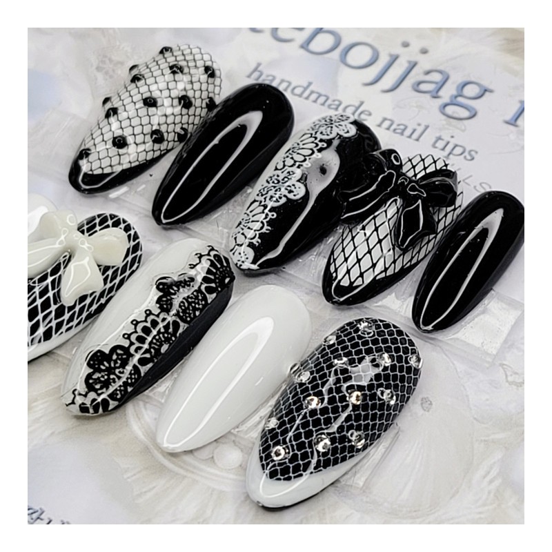 Mesh lace handmade nail tips - Square M / 망사