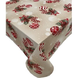 1KDreams Christmas Tablecloth - Christmas Baubles, Holly and Snowflakes - Threads with Gold Effect - Lurex Tablecloth Modern Shabby Chic (Beige, 130 x 180 cm)