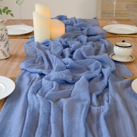 6Pcs Cheesecloth Table Runner 35x120 Inches Boho Gauze Sheer Fabric Table Runner 10ft Cheese Cloth Table Centerpieces for Party Classy Bridal Shower Weddings Graduation Decorations(Dusty Blue)
