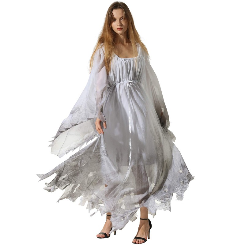 EraSpooky Women's Gossamer Ghost Costume Gothic Victorian White Chic Dress