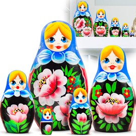 Russian Nesting Dolls Set of 5 pcs - Matryoshka Doll with Hand Painted Roses Flowers - Russian Doll with Rose Decorations - Rose Decor - Folk Art Dolls