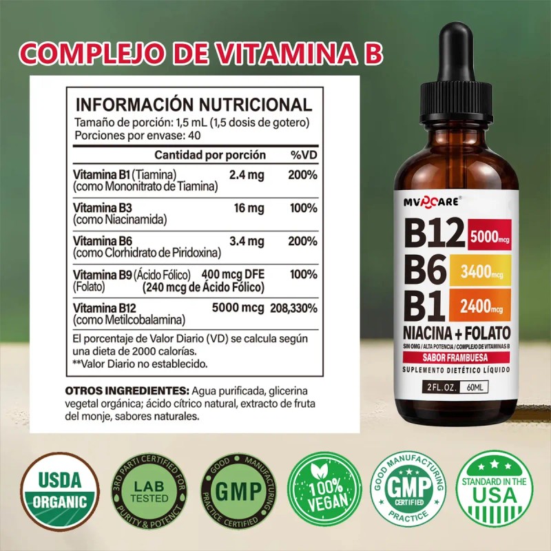 Mvpcare Vitamina B12 Gotas Líquidas Complejo Sublingual Contiene Nicotinamida Ácido