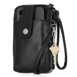 Mundi Jacqui RFID Crossbody Wallet for Women, Vegan Leather Small Travel Handbag with Phone Holder, Compact Organizer with Card Slots and Adjustable Strap, Vacation Purse in (Black)