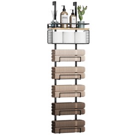 Aetyord Aetyord Towel Racks for Bathroom Over The Door Towel Racks Towel Storage Organizer with Metal Shelf Basket for Bathroom Rv Camper (7-Tier Black with Wood Plank)