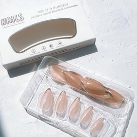 24Pcs French Tip Press on Nails Medium Almond Fake Nails with Glue Reusable Nude Acrylic Nails Gold French False Nail Tips Full Cover Glossy Stick on Nails for Women Girls Nail Design Supplies