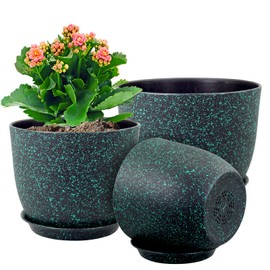WSMKSZ Large Flower Pots 12/10/9 inch, Set of 3 Decorative Plastic Planters with Drainage Holes and Saucers for Garden House Plants, Plant Pots for Indoor Outdoor Plants, Black with Green Speckles