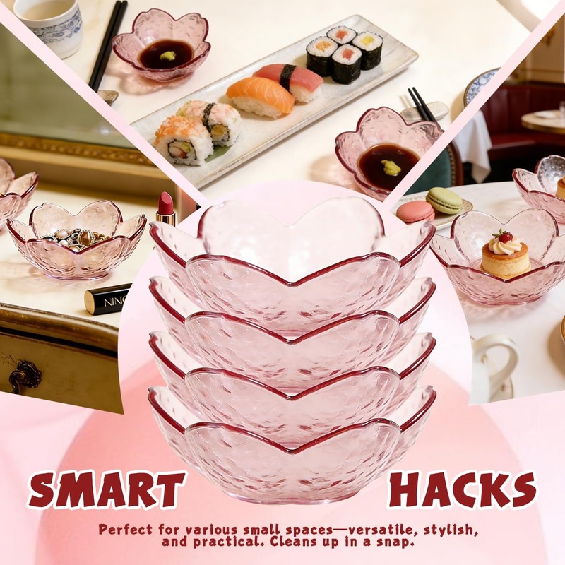 Zansens 12 Pcs Pink Sakura Sauce Dishes Set,Plastic Bowls,3.34x1.37 inch