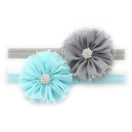 My Lello Baby Flower Headband Shabby Frayed Fabric Ballerina Rhinestones Pair (Gray/Light Blue)