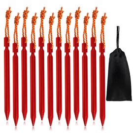 Tent Pegs, Pack of 12, 18 cm Camping Pegs for Tent Awning, Stable, Aluminium Tent Pegs, Steel for Most Ground Types, Ground Anchors with Transport Bag/Reflective Rope (Red)