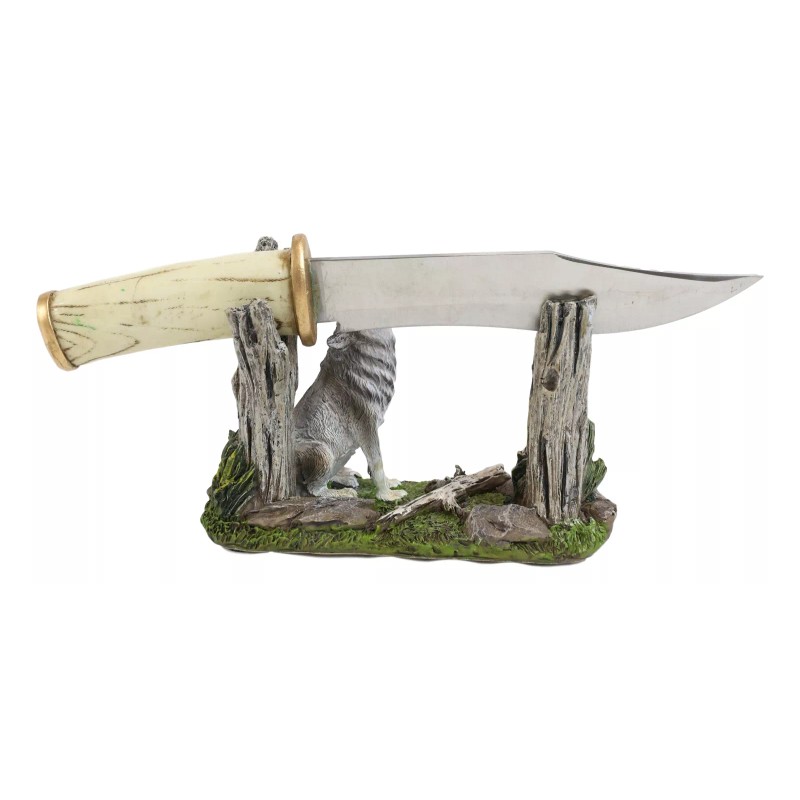 Rustic Forest Howling Gray Wolf Display With Decorative Dagger Knife