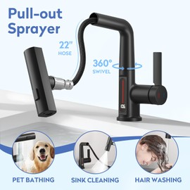 SINGSUO Bathroom Sink Faucet 1 Hole with Temperature Display, Single Hole Rotatable Bathroom Faucet with Pull Out Sprayer, Modern Pull Down Faucet with 360°Swivel Spout, 3 Spray Modes (Black)