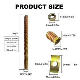 M8 x 80 mm Worktop Connector, Plate Connector, Furniture Connector, Connection Accessories for Table Tops, Pack of 8