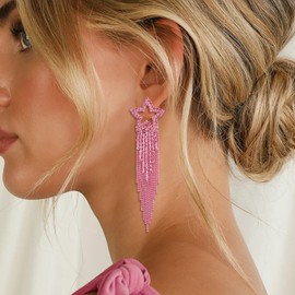 EVER FAITH Tassel Earrings Rhinestone Star Sparkling Crystal Fringe Drop Dangle Chandelier Clear Silver Tone, Crystal