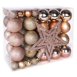 Anstore 69 Pcs Christmas Ball Ornaments Shatterproof Christmas Tree Baubles with a Tree Topper Star Rose Gold Tree Ornaments Hanging Baubles for Christmas Holiday and Party Decoration (6cm & 3cm)
