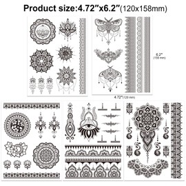HOWAF 11 Sheets Black Temporary Tattoo Kit For Women, Mandala Flower Butterfly Indian Arabian Lace Body Art Fake Tattoos Stickers Temporary Tattoos for Women Adult Girls Hand Finger Festival Party