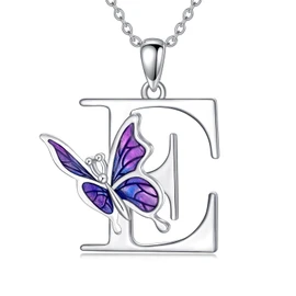 LONAGO Initial E Necklace for Women 925 Sterling Silver Purple Butterfly with A-Z 26 Letters Pendant Necklace for Graduation Gifts