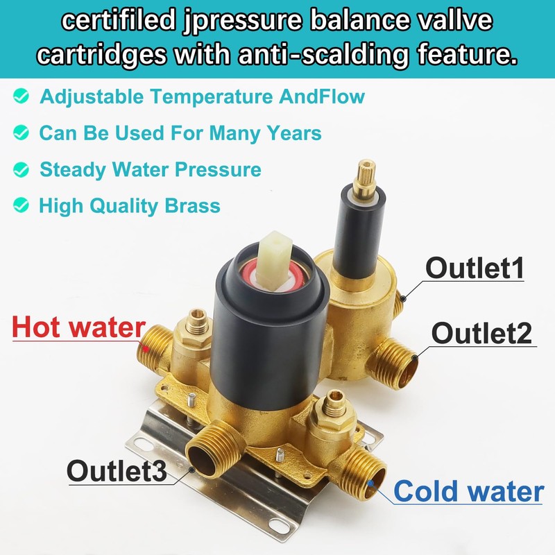 Backnets 3 Way Shower Diverter Valve Wall Mount Pressure Balancing