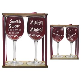 I Solemnly Swear That I Am Up To No Good AND Mischief Managed Stemmed Wine Glass Two Glass set with Charms and Presentation Packaging