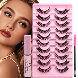 False Eyelashes with Glue Natural 10 Pairs Russian Strip Lash Fluffy False Eye Lashes Cat Eye Fake Mink Eyelashes Kit (DH6-4-lash with black glue)