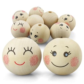 Netuno 8 x Wooden Balls with Face Smiling Face 30 mm Natural Round Craft Beads with Hole for Macrame Jewellery Decoration for Decorating Crafts with Wooden Beads Macrame Beads Wood with Face Eyes