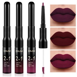 evpct 3Pcs Dark Red Purple Plum Matte Liquid Lipstick and Lip Liner Set for Women Matte Burgundy Lip Tint Stain Long Lasting Waterproof, Black Cherry Blood Red Mauve Brown Gothic Goth Lipsticks Makeup