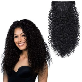 BHF 26 inch Kinky Curly Clip In Hair Extension, Double Weft Full Head Japanese Heat Resistance Fiber 140g Synthetic Hair Extensions For Women 7pieces (#1B)