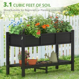 LUE BONA Raised Garden Bed with Tools, 47*18*29 in, Poly Elevated Planter Box with Legs And Storage Shelf, Weather Resistant, 3-Year Warranty, Standing Growing Bed Herb Planter for Vegetable, Black