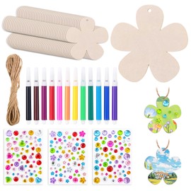 Pack of 59 Wooden Flowers for Painting, Wooden Pendants for Painting with Holes for Hanging Decorations for DIY Crafts, Home Decoration, Comes with Hanging Rope, Watercolour Pen and Gemstone Stickers