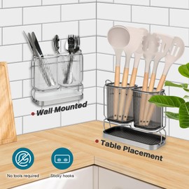First-zgel Utensil Holder for Kitchen Counter, Plastic Cooking Utensil Organizer with Drain Tray, Wall Mounted Utensil Caddy for Silverware Flatware Organizer, Morden Kitchen Essential (White)