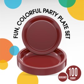 Exquisite 9 & 7 Inch. Dinner Plate Combo 100 Pack Burgundy Plastic Plates Disposable, 50-7 Inch Dessert Plates & 50-9 Inch Dinner Plates Burgundy Plate Set, Plastic Plates For Party