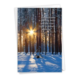 Winter Sunrise, 1 John 2:8: Sympathy Card Showcasing Beams of Sunlight Bursting Through Snow Laden Branches, with Envelope. C6655ESMG