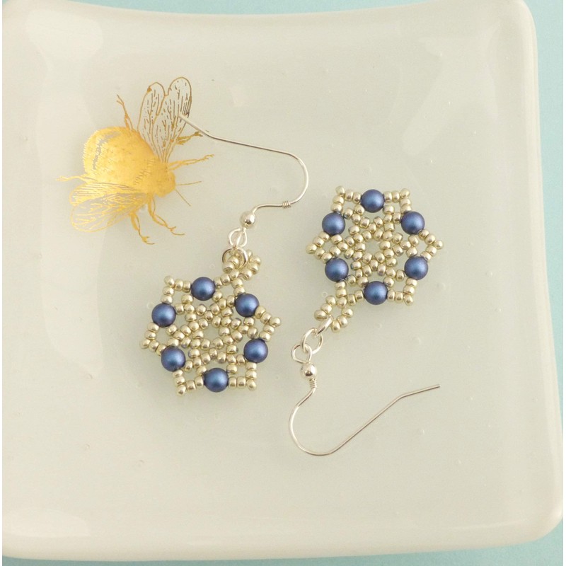 Silver and Midnight Blue Beaded Dangle Earrings