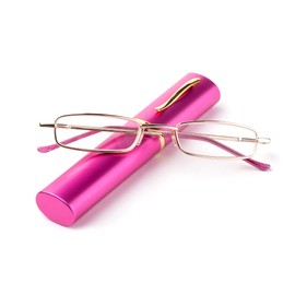 Nebee Fashion "Pocket" Readers Ultra Compact Spring Temple Reading Glasses w/Portable Pocket Clip Aluminum Case Pink +1.00