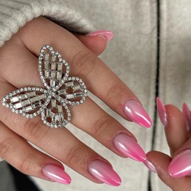 French Tip False Nails - Press on Nails Almond - Long Stiletto Pink Gradient False Nails with Glue - 24Pcs Glitter Acrylic Long Lasting Stick on Nails for Women