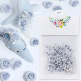 30Pcs Pink Rose Flower 3D Nail Charms Mixed with Pearl Beads Rhinestone, Great Gift for Women, Girlfriends Valentine's Day Nail Decoration Manicure Supplies Luxury Parts. (Light Gray)