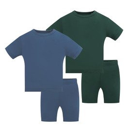 JunNeng Bamboo Viscose Toddler Pajamas,Baby Boy Girl Solid Snug Fit Short Sleeve Summer Sleepwear PJS,Dark Green+Dark Blue 3-4 Years