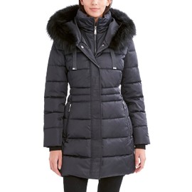 Tahari Women's Puffer Jacket with Faux Fur Trimmed Hood, Dark Slate, Medium