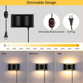 Lightess Wall Lamp Plug in 12W Modern LED Wall Lights Dimmable Indoor Up Down Wall Lamp for Bedroom Living Room Hallway, Black, Warm White