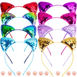 Mikqky Pack of 8 Sequin Cat Headbands, Cat Ears Headband, Cartoon Cat Headband, Cat Ear Headband, Cat Ears Children, for Women Girls Daily Wear