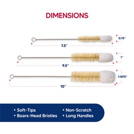 HIC Kitchen Soft-Tip Cleaning Brushes, Non-Scratch Microfiber with Boar Head Bristles, Set of 3 Sizes