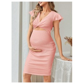 Floerns Women's Maternity Dress Ruffle Cap Sleeve V Neck Cut Out Knee Length Pregnancy Dresses Pink Medium