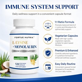 L-Lysine 1000mg Capsules with Monolaurin for Immune, Lip & Skin, Purity & Potency 120 Capsules, Essential Amino Acid for Collagen, Lip, & Immune Support, Lysine Tablet Alternative, Clean Ingredients