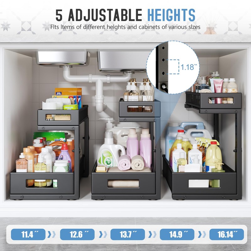 1 Pack 19IN Depth Under Sink Storage Organizer, Large 2-Tier