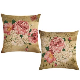 ULOVE LOVE YOURSELF 2pack Retro Flower Throw Pillow Covers Peony Rose Home Decorative Pillow Covers Vintage Cushion Cases Square Pillowcase 18 inch(Pink&White Flowers)