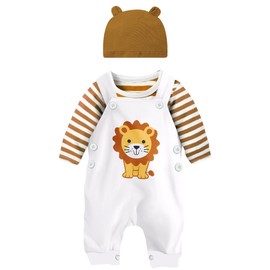 Kimoda Baby Boy Clothes Set 3-6 Months Fall Winter Newborn Infant Lion Outfits 3pcs Stripe Long Sleeved T-shirt + Casual Brown Overalls + Hat