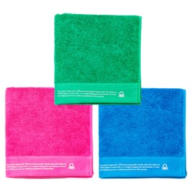UNITED COLORS OF BENETTON. Set of 3 Hand Towels 50 x 90 cm Organic Cotton 450 GSM Blue Pink and Green