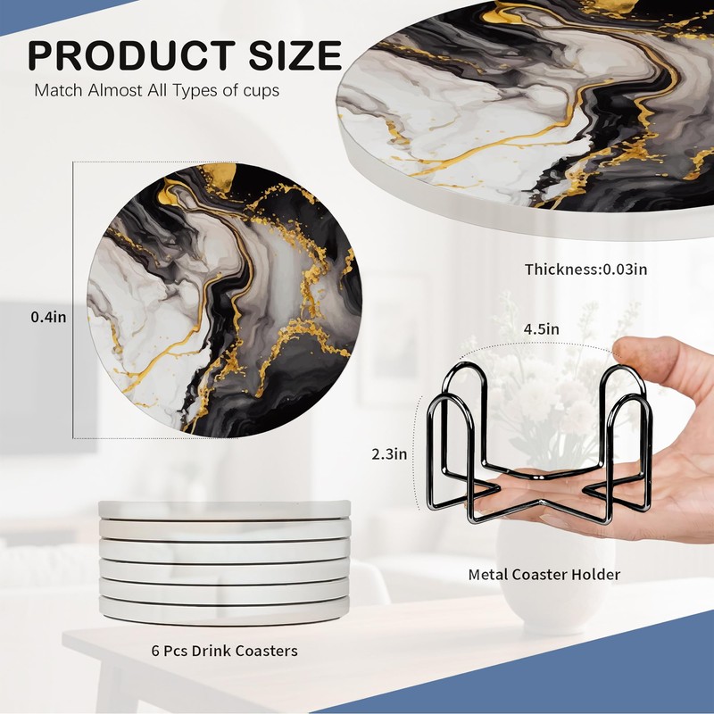Black Gold Marble 6Pack Ceramic Drink Coasters,Quick-Absorb Stone Coasters with