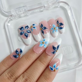 Handmade Press on Nails Almond Medium 3D Floral White French Tip Thick Acrylic Fake Nails False Nails with Blue Flower Designs Aesthetics Sturdy Nail Art Press on Nails 10Pcs(S)